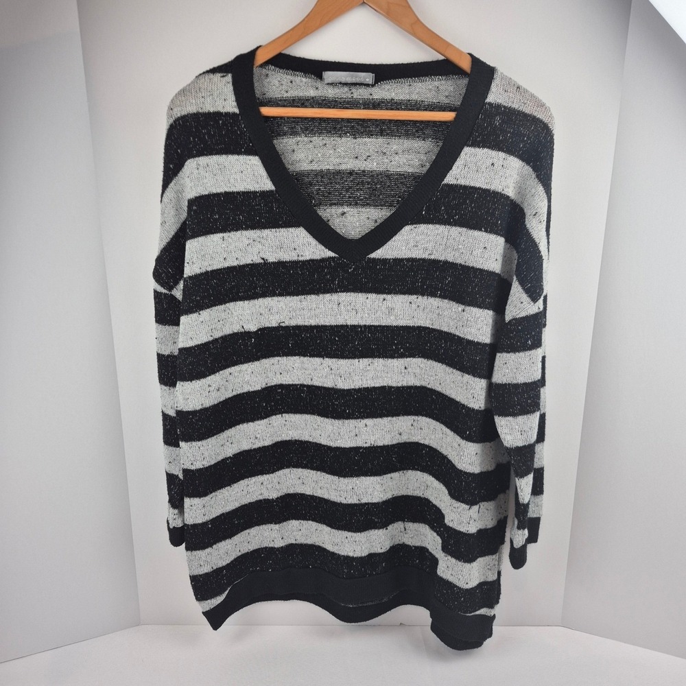 Olivia Moon Womens XL Black Gray Striped V-Neck Sweater Lightweight Slouchy Cozy